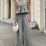 French Style Plaid Ruffled Hem Top and Pants Set