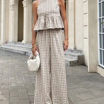 French Style Plaid Ruffled Hem Top and Pants Set