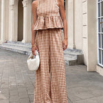 French Style Plaid Ruffled Hem Top and Pants Set