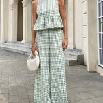 French Style Plaid Ruffled Hem Top and Pants Set