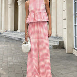 French Style Plaid Ruffled Hem Top and Pants Set