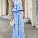 French Style Plaid Ruffled Hem Top and Pants Set