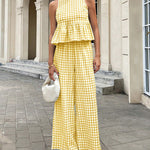French Style Plaid Ruffled Hem Top and Pants Set