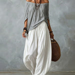 Boho Off Shoulder Blouse and Wide Leg Pants Set