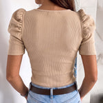 Chic Romantic Puff Sleeve Deep V-neck Ribbed Knit Fitted Top