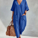 Casual Loose V-Neck Double Pocket Harem Jumpsuit
