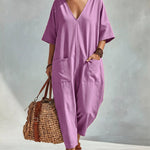 Casual Loose V-Neck Double Pocket Harem Jumpsuit