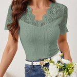 Scalloped Lace V Neck Short Sleeve Eyelet Top
