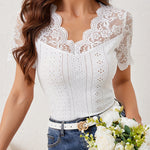 Scalloped Lace V Neck Short Sleeve Eyelet Top