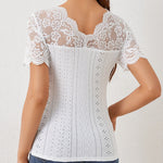 Scalloped Lace V Neck Short Sleeve Eyelet Top