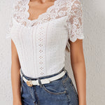 Scalloped Lace V Neck Short Sleeve Eyelet Top