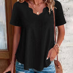 Casual Cotton-Blend Shell Trim V-Neck Eyelet Blouse
