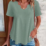 Casual Cotton-Blend Shell Trim V-Neck Eyelet Blouse