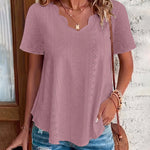 Casual Cotton-Blend Shell Trim V-Neck Eyelet Blouse