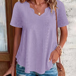 Casual Cotton-Blend Shell Trim V-Neck Eyelet Blouse