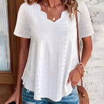 Casual Cotton-Blend Shell Trim V-Neck Eyelet Blouse