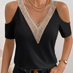 Cold Shoulder Lace V Neck Short Sleeve Top