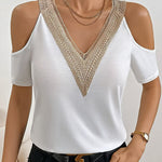 Cold Shoulder Lace V Neck Short Sleeve Top