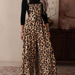 Leopard Print Square Neck Wide Leg Overall Jumpsuit