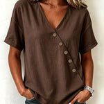 Casual Comfort Asymmetrical Button Short Sleeve Blouse