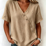 Casual Comfort Asymmetrical Button Short Sleeve Blouse