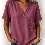 Casual Comfort Asymmetrical Button Short Sleeve Blouse