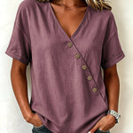 Casual Comfort Asymmetrical Button Short Sleeve Blouse