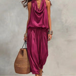 Casual Draped Cowl Neck Top and Harem Pants Set