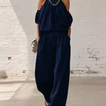 Casual Cold Shoulder Tops and Wide Leg Pants Set