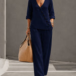Minimalist Slanted Button Top and Wide Leg Pants Set