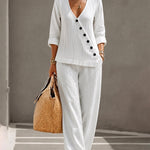 Minimalist Slanted Button Top and Wide Leg Pants Set