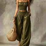 Boho Style Smocked Crop Top and Lantern Pants Set