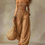 Boho Style Smocked Crop Top and Lantern Pants Set