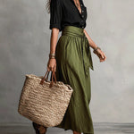 Elegant Button-Up Shirt and High-Waist Tie Maxi Skirt Set