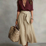 Elegant Button-Up Shirt and High-Waist Tie Maxi Skirt Set