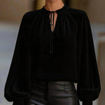 Chiffon Lantern Sleeve Lace-Up Collar Blouse
