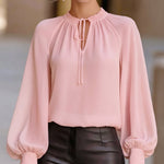 Chiffon Lantern Sleeve Lace-Up Collar Blouse