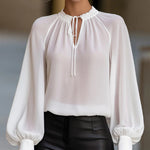 Chiffon Lantern Sleeve Lace-Up Collar Blouse