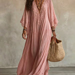 Bohemian Style Lace Trim Batwing Sleeve Maxi Dress