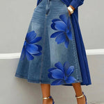 Artistic Floral Print A-Line Denim Skirt
