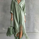 Casual Comfy Asymmetrical Tassel Hem Shirt Dress