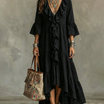 Flowy Vacation Deep V-neck Ruffled Dress