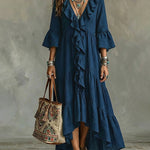 Flowy Vacation Deep V-neck Ruffled Dress