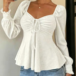 Cute Eyelet Textured Chiffon Peplum Hem Blouse