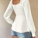 Cute Eyelet Textured Chiffon Peplum Hem Blouse