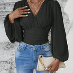 Elegant Ruched Cinching Waist Puff Sleeves Blouse