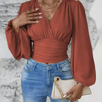 Elegant Ruched Cinching Waist Puff Sleeves Blouse