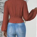Elegant Ruched Cinching Waist Puff Sleeves Blouse