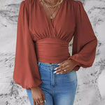 Elegant Ruched Cinching Waist Puff Sleeves Blouse