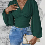 Elegant Ruched Cinching Waist Puff Sleeves Blouse